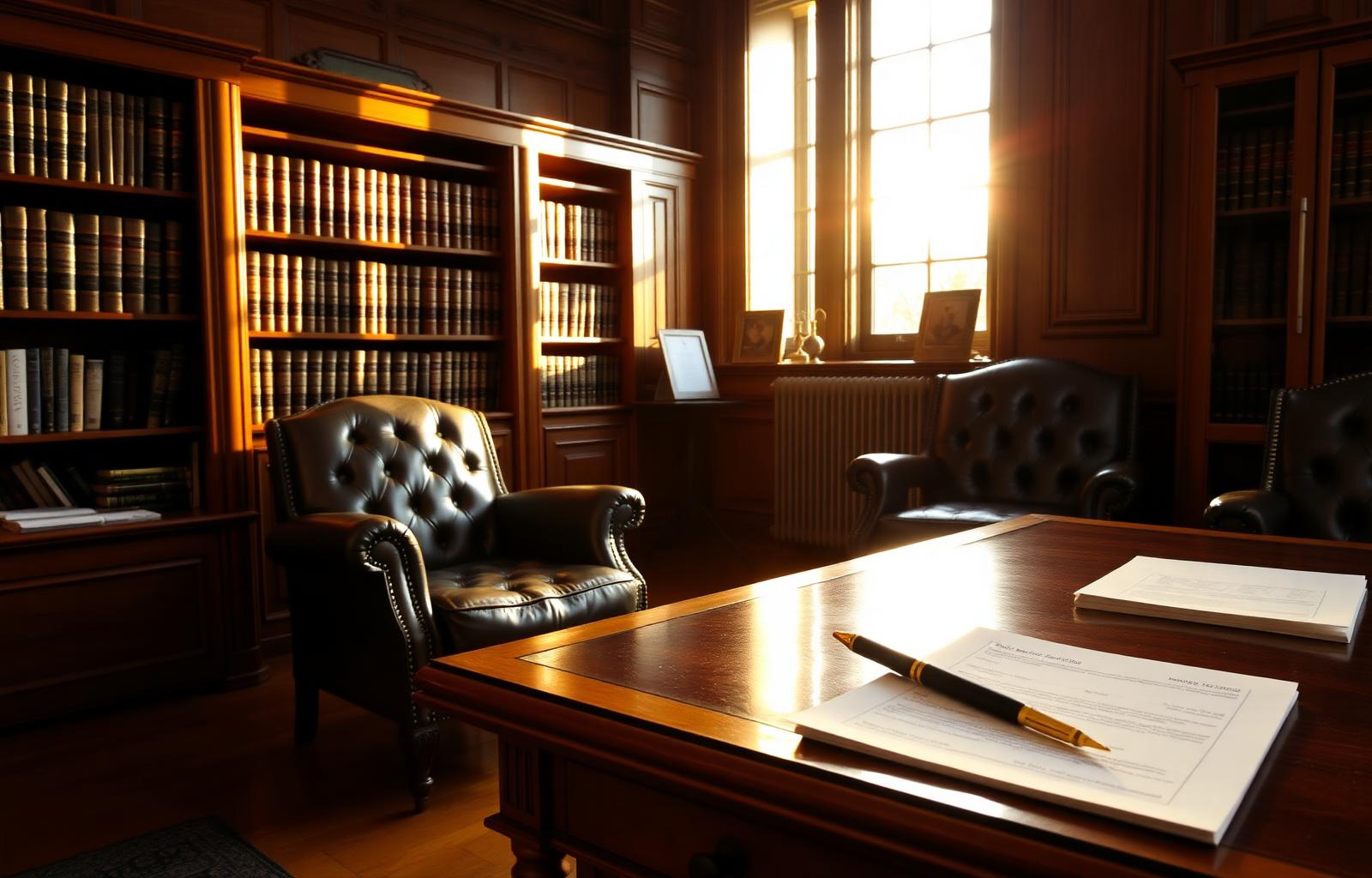 Warm wooden desk in a quiet law office